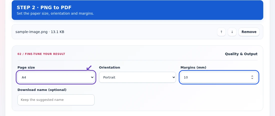 PNG to PDF, step 2: Set page dimensions and margins while keeping the screenshots’ proportions.