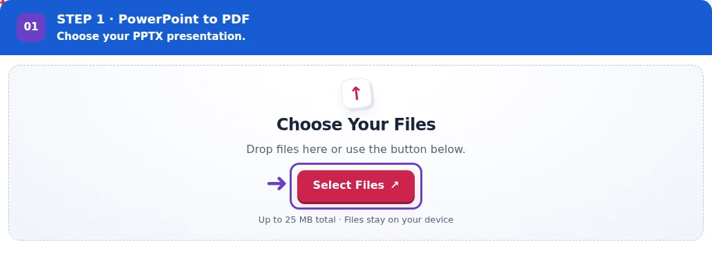 PowerPoint to PDF, step 1: Choose the unencrypted PPTX presentation with the intended static slide content.