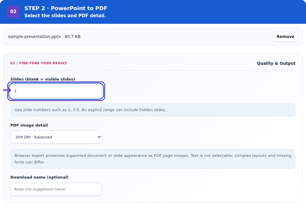 PowerPoint to PDF, step 2: Set the slide range and PDF image detail; review how hidden slides are handled.