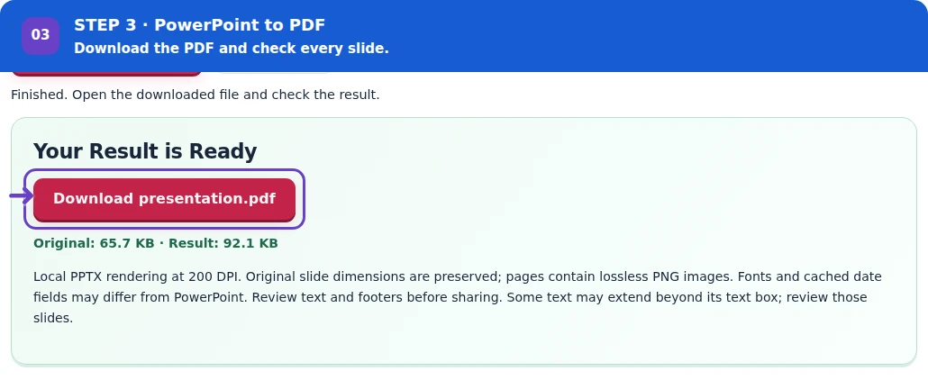 PowerPoint to PDF, step 3: Download the PDF and check slide count, text wrapping and the smallest diagram labels.