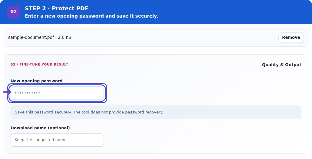 Protect PDF, step 2: Enter and securely retain the new opening password.