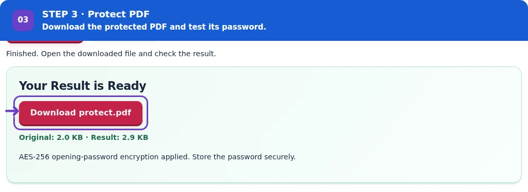 Protect PDF, step 3: Download the protected copy and test its password prompt.