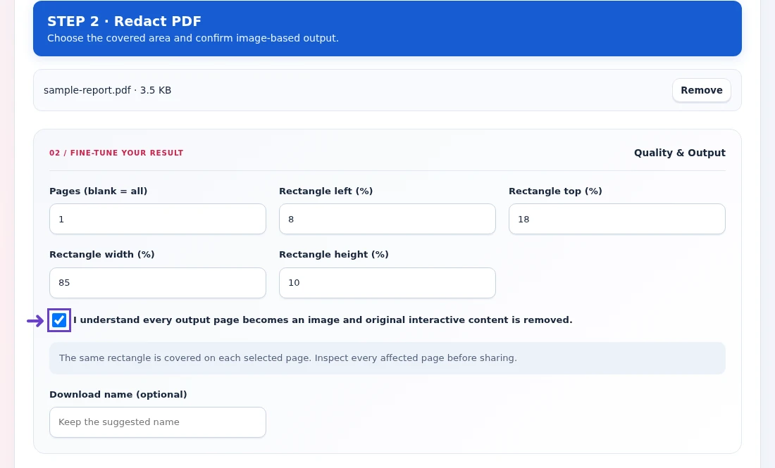 Redact PDF, step 2: Set the rectangle percentages and confirm the image-only output.