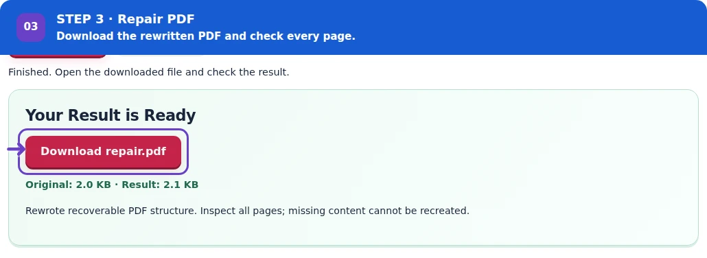 Repair PDF, step 3: Download the repaired copy and inspect all expected content.