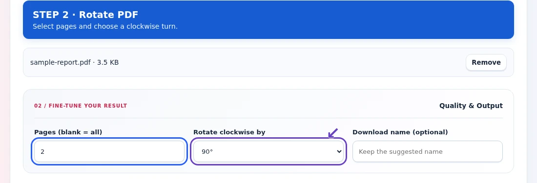 Rotate PDF, step 2: Select the affected Pages and choose the clockwise rotation angle.