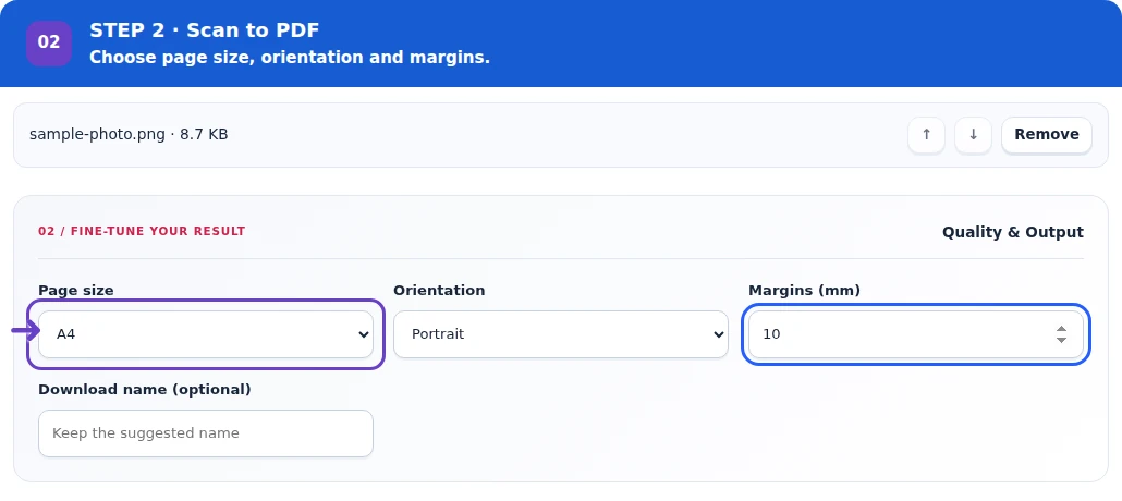 Scan to PDF, step 2: Set page dimensions, orientation and margins for complete, readable scan pages.