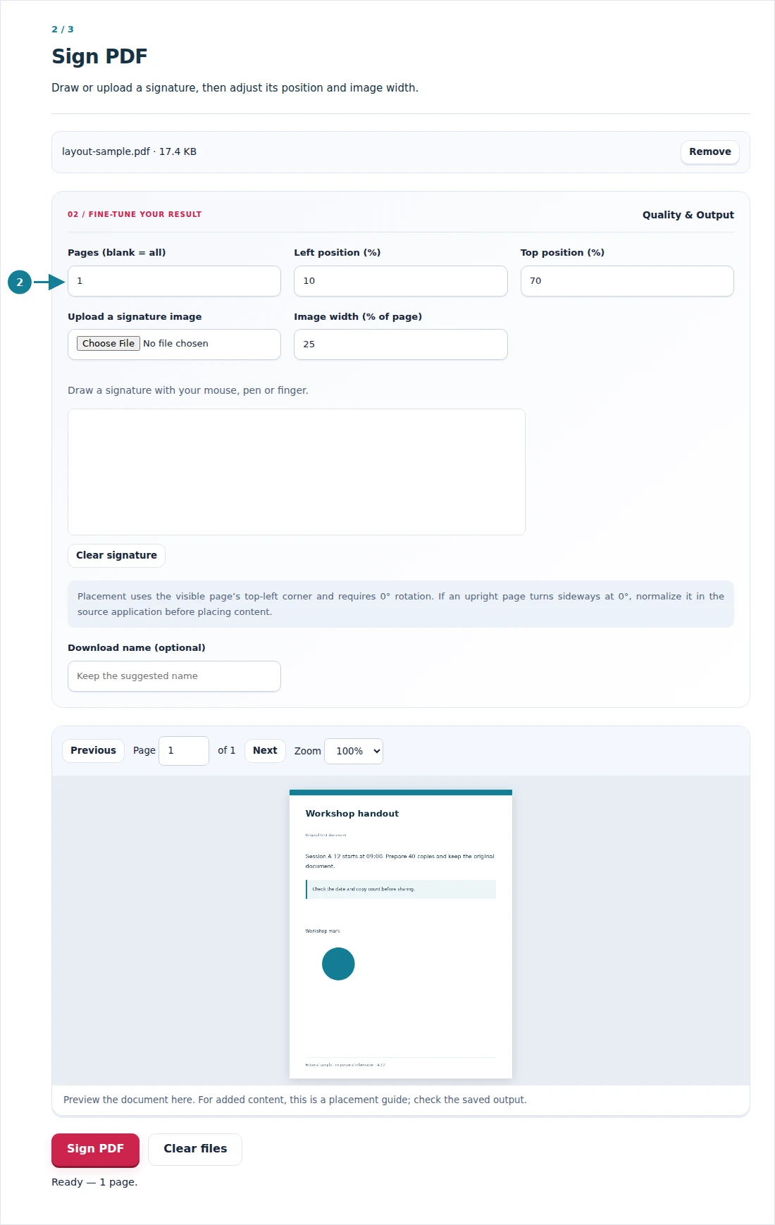 Sign PDF, step 2: Draw or upload a signature, then adjust its position and image width.