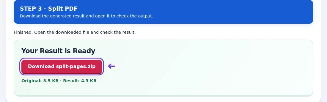 Split PDF, step 3: Download and extract the ZIP, then check each numbered PDF part.
