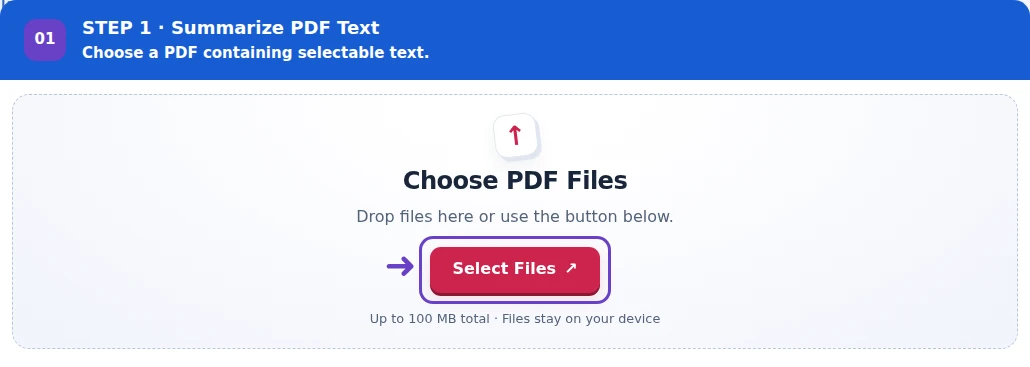 Summarize PDF Text, step 1: Choose a PDF with a readable text layer.