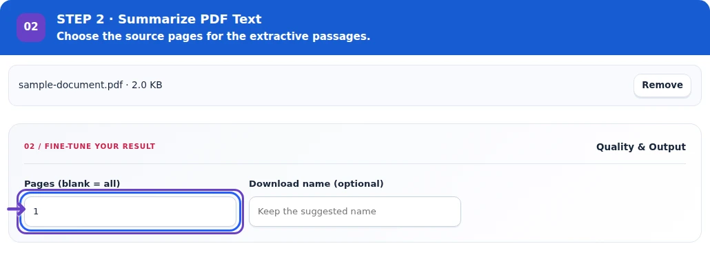 Summarize PDF Text, step 2: Choose the pages to include in the source-passage selection.