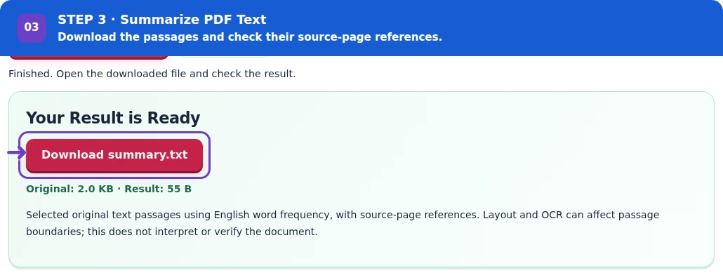 Summarize PDF Text, step 3: Download the TXT summary, follow its page references and read each passage in context.