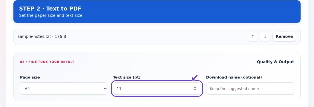 Text to PDF, step 2: Choose page dimensions and a readable Text size for the source.
