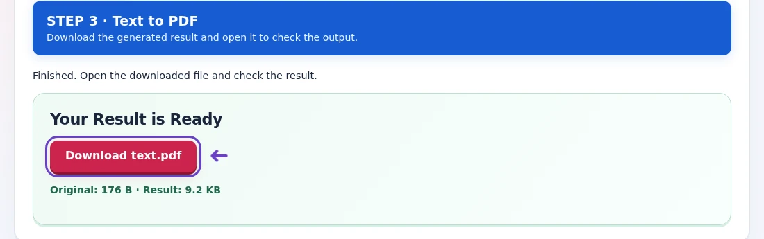 Text to PDF, step 3: Download the PDF, test text selection and inspect wrapped lines and special characters.