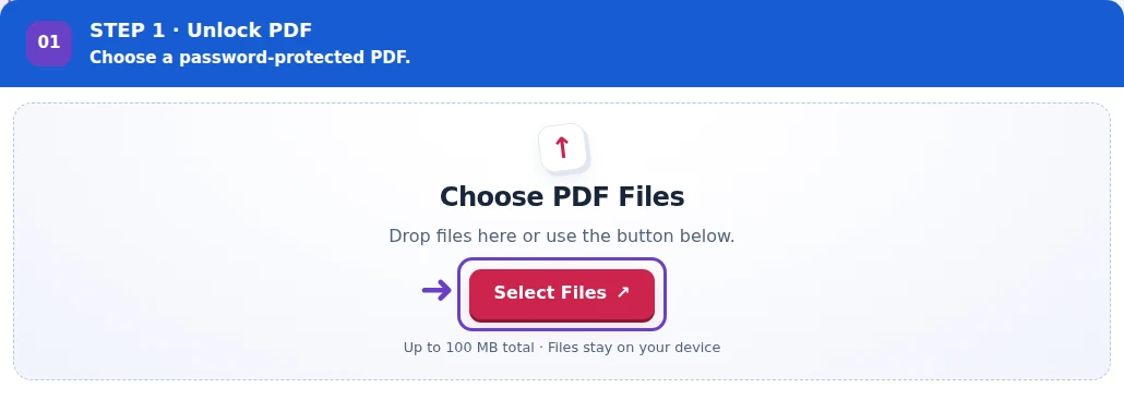 Unlock PDF, step 1: Select the encrypted PDF for an authorized working copy.