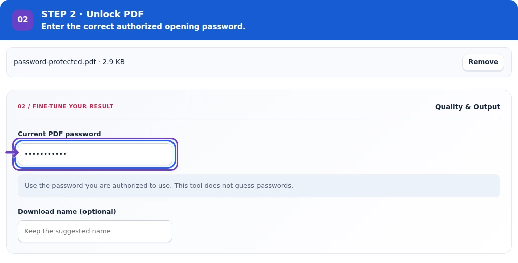 Unlock PDF, step 2: Enter the exact known PDF password.