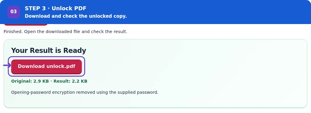 Unlock PDF, step 3: Download the unencrypted output and verify its pages.