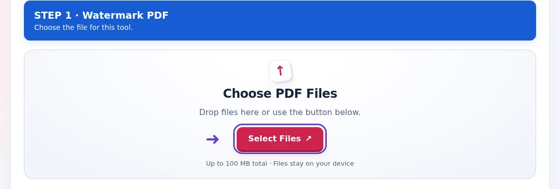 Watermark PDF, step 1: Load the PDF and choose which pages should carry the watermark.