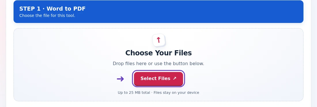 Word to PDF, step 1: Choose the unencrypted DOCX document for the default on-device conversion.