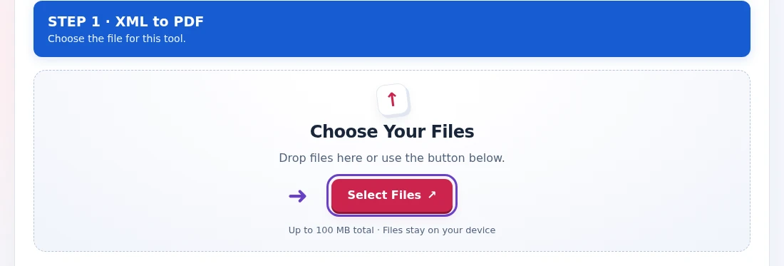 XML to PDF, step 1: Choose a well-formed XML source file prepared for a readable listing.