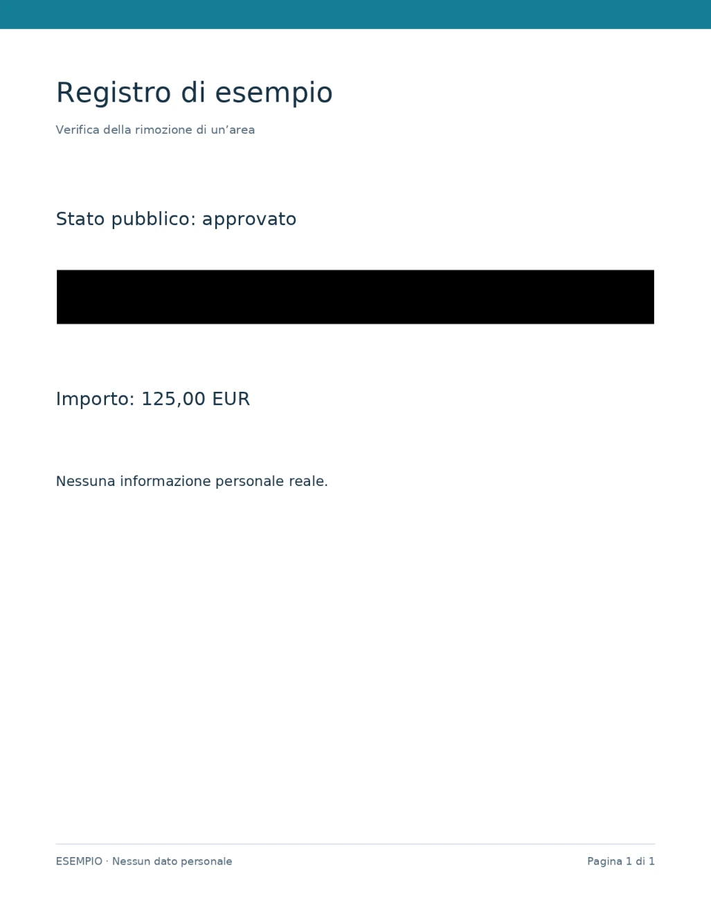 PDF oscurato effettivo che mostra un rettangolo nero pieno soltanto sopra la riga del riferimento fittizio.