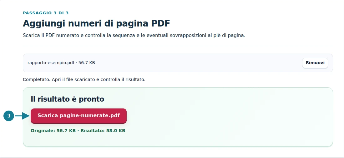 Aggiungi numeri di pagina PDF, passaggio 3: Scarica il PDF numerato e controlla la sequenza e le eventuali sovrapposizioni al piè di pagina.