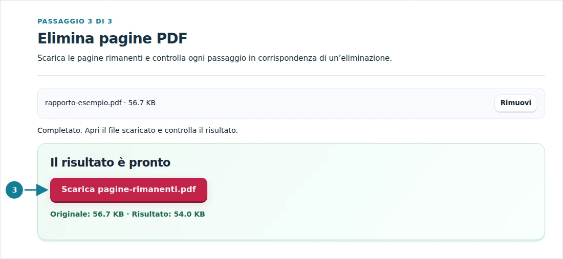 Elimina pagine PDF, passaggio 3: Scarica le pagine rimanenti e controlla ogni passaggio in corrispondenza di un’eliminazione.
