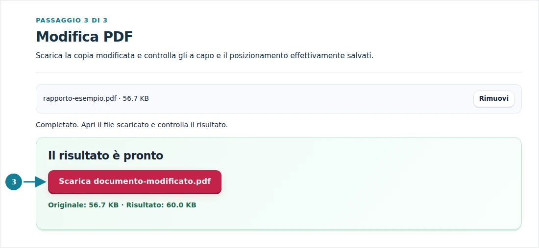 Modifica PDF, passaggio 3: Scarica la copia modificata e controlla gli a capo e il posizionamento effettivamente salvati.