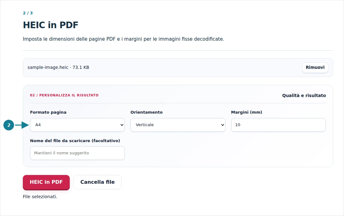 HEIC in PDF, passaggio 2: Imposta le dimensioni delle pagine PDF e i margini per le immagini fisse decodificate.