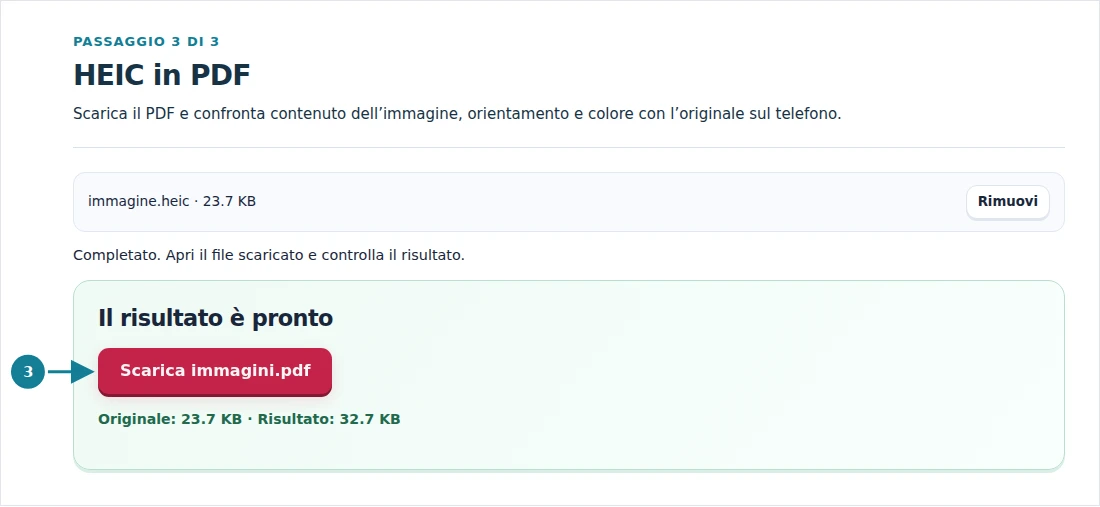 HEIC in PDF, passaggio 3: Scarica il PDF e confronta contenuto dell’immagine, orientamento e colore con l’originale sul telefono.
