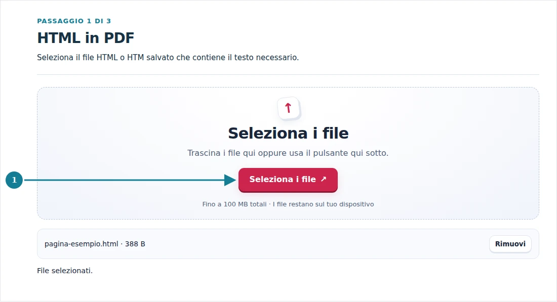 HTML in PDF, passaggio 1: Seleziona il file HTML o HTM salvato che contiene il testo necessario.
