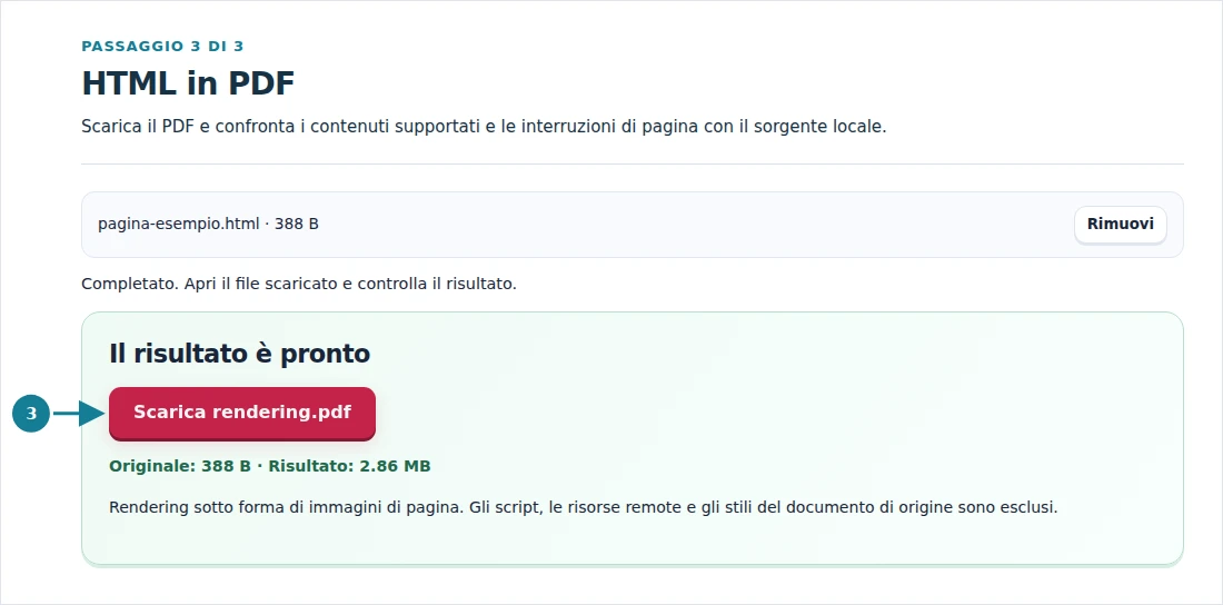 HTML in PDF, passaggio 3: Scarica il PDF e confronta i contenuti supportati e le interruzioni di pagina con il sorgente locale.