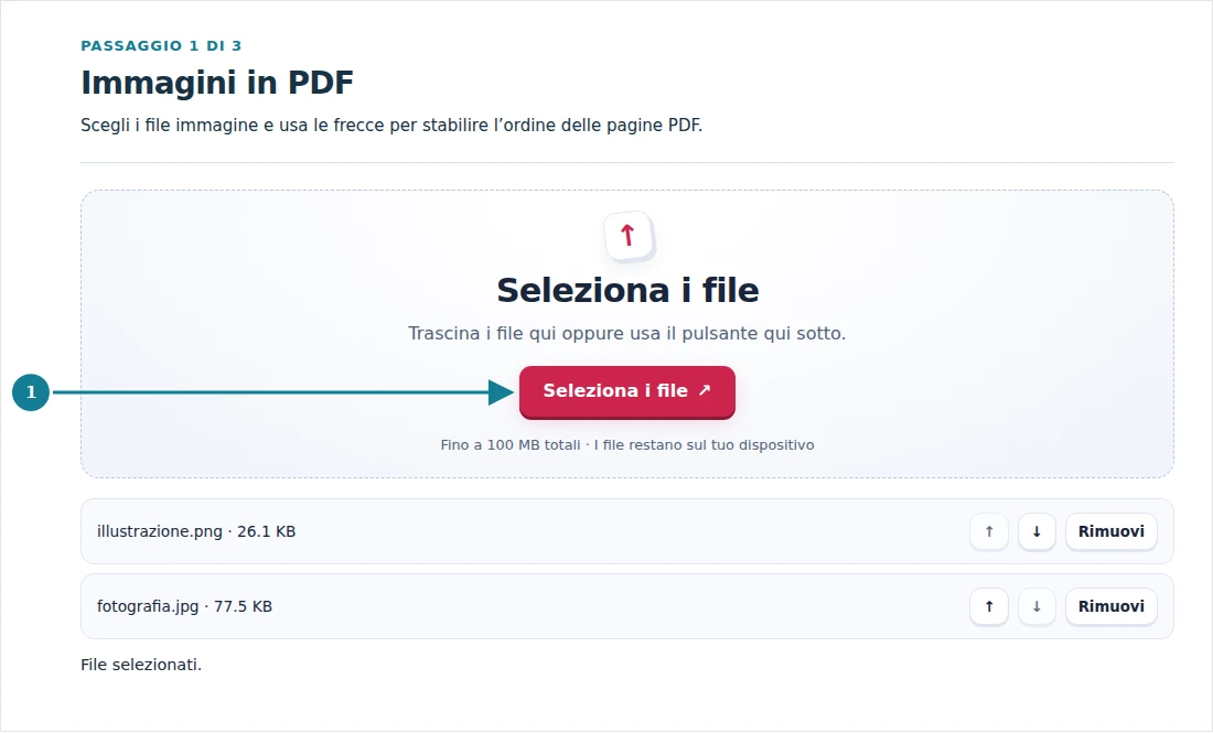 Immagini in PDF, passaggio 1: Scegli i file immagine e usa le frecce per stabilire l’ordine delle pagine PDF.