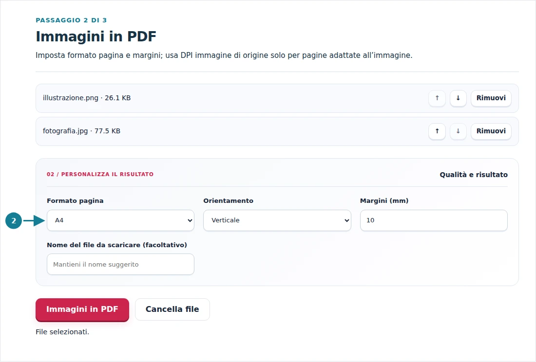 Immagini in PDF, passaggio 2: Imposta formato pagina e margini; usa DPI immagine di origine solo per pagine adattate all’immagine.