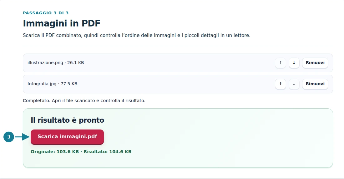 Immagini in PDF, passaggio 3: Scarica il PDF combinato, quindi controlla l’ordine delle immagini e i piccoli dettagli in un lettore.