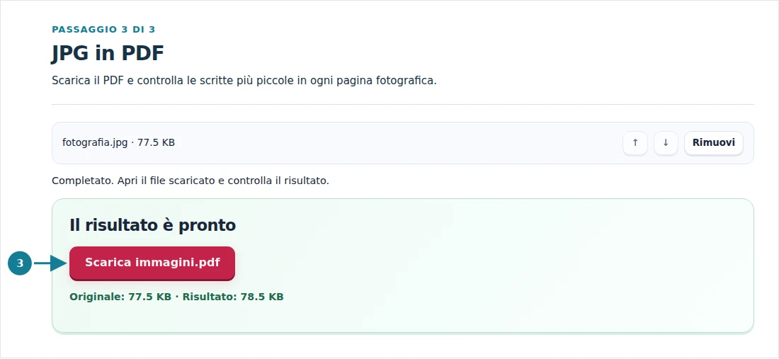JPG in PDF, passaggio 3: Scarica il PDF e controlla le scritte più piccole in ogni pagina fotografica.