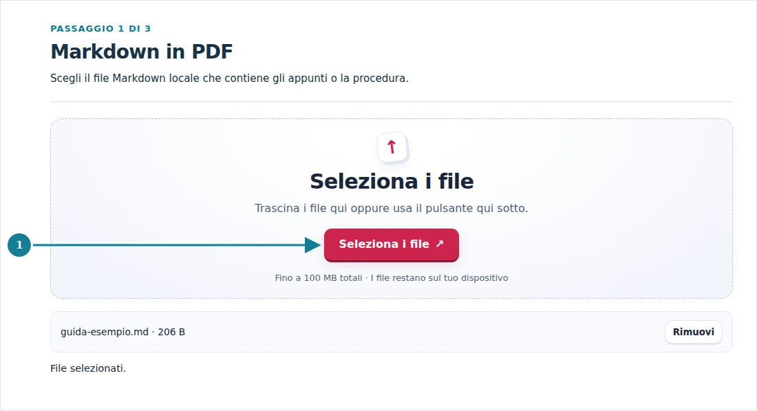 Markdown in PDF, passaggio 1: Scegli il file Markdown locale che contiene gli appunti o la procedura.
