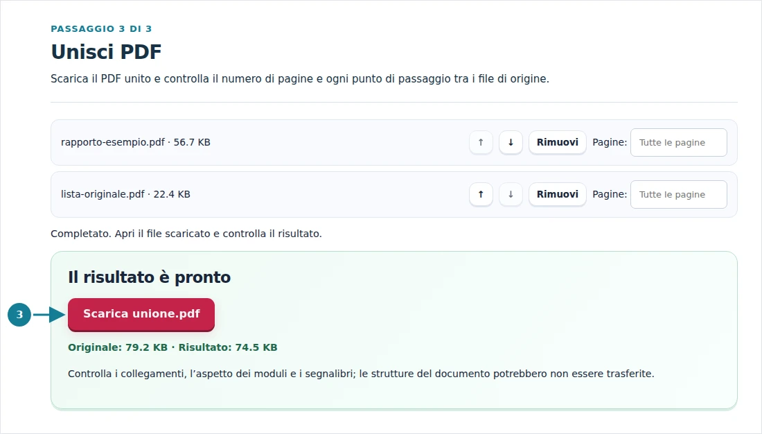 Unisci PDF, passaggio 3: Scarica il PDF unito e controlla il numero di pagine e ogni punto di passaggio tra i file di origine.