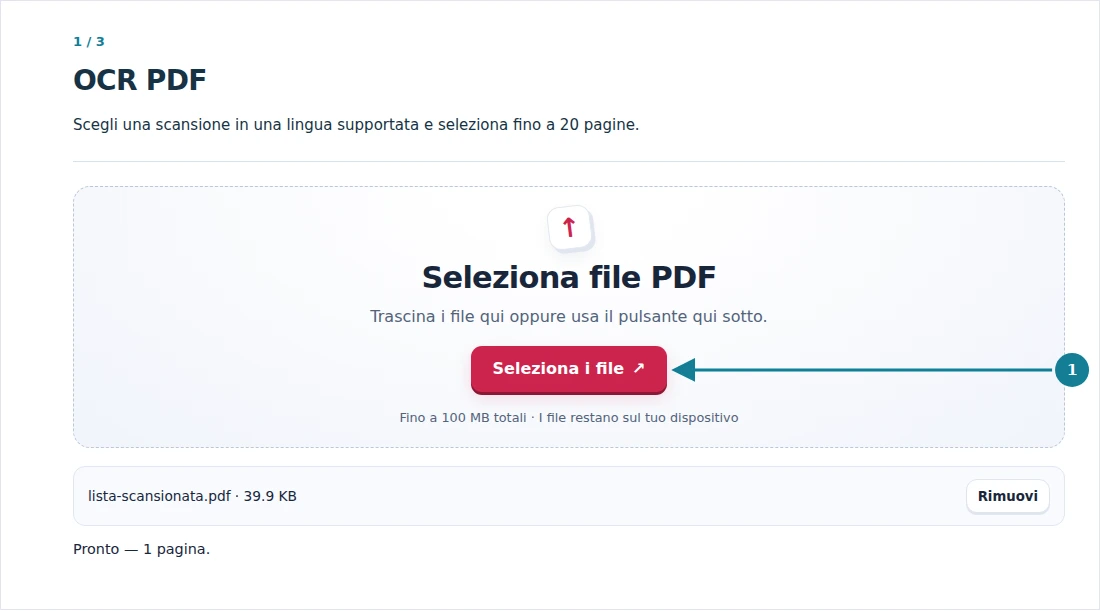 OCR PDF, passaggio 1: Scegli una scansione in una lingua supportata e seleziona fino a 20 pagine.