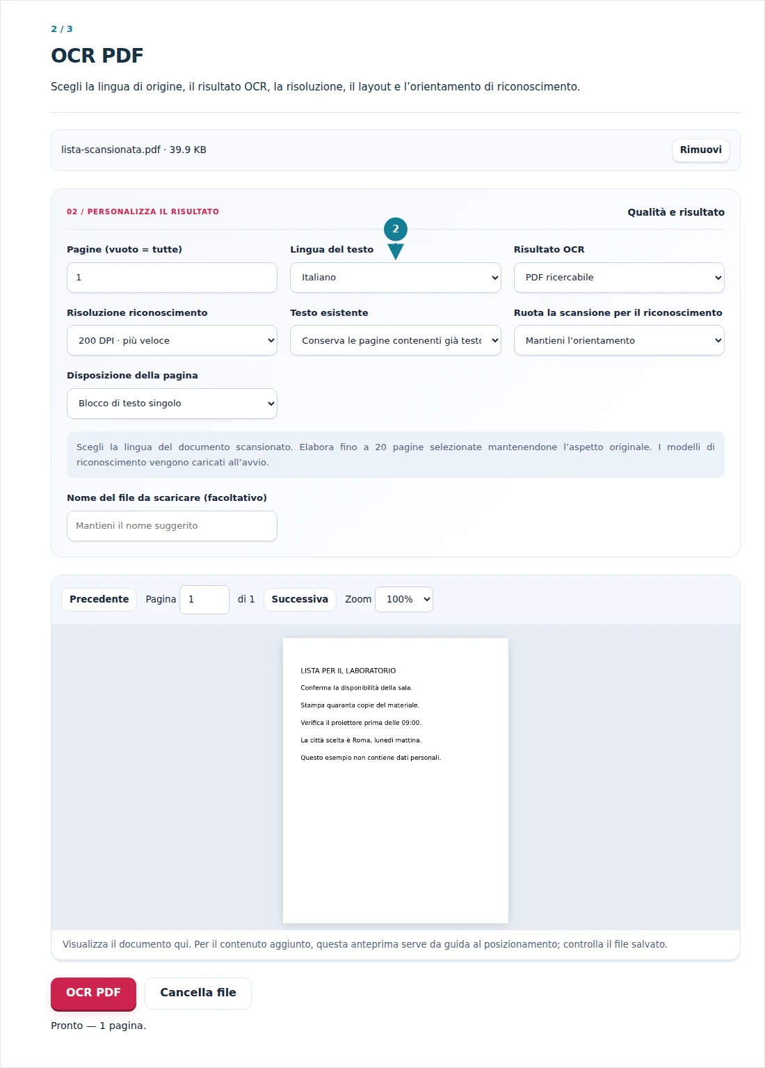 OCR PDF, passaggio 2: Scegli la lingua di origine, il risultato OCR, la risoluzione, il layout e l’orientamento di riconoscimento.