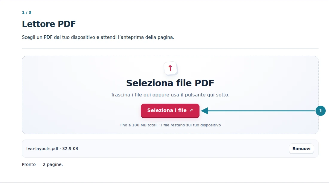 Lettore PDF, passaggio 1: Scegli un PDF dal tuo dispositivo e attendi l’anteprima della pagina.