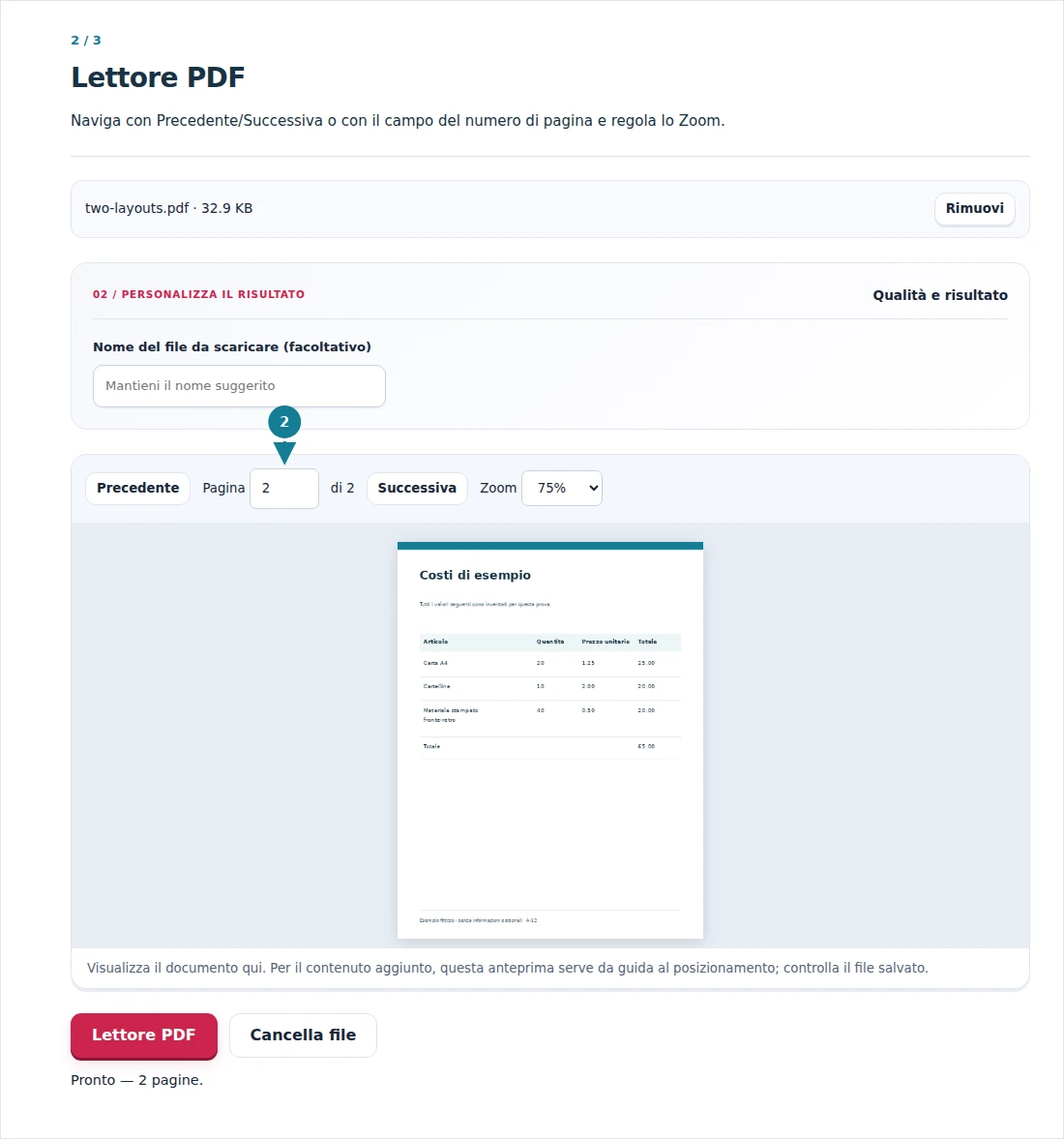 Lettore PDF, passaggio 2: Naviga con Precedente/Successiva o con il campo del numero di pagina e regola lo Zoom.