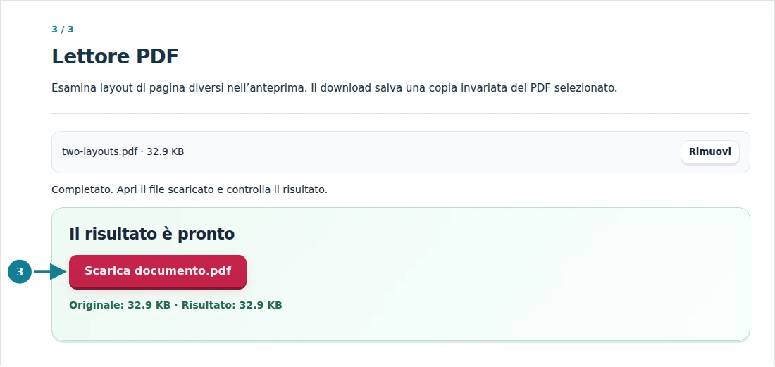 Lettore PDF, passaggio 3: Esamina layout di pagina diversi nell’anteprima. Il download salva una copia invariata del PDF selezionato.