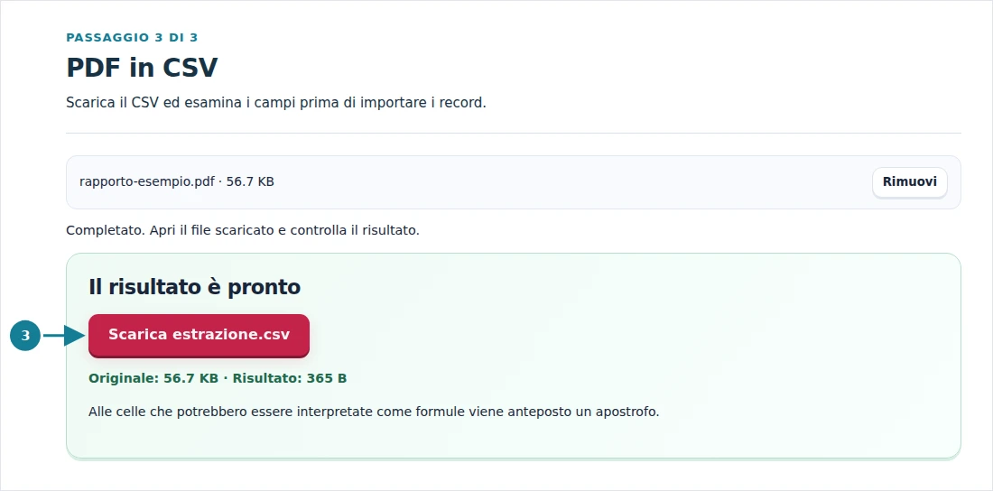 PDF in CSV, passaggio 3: Scarica il CSV ed esamina i campi prima di importare i record.