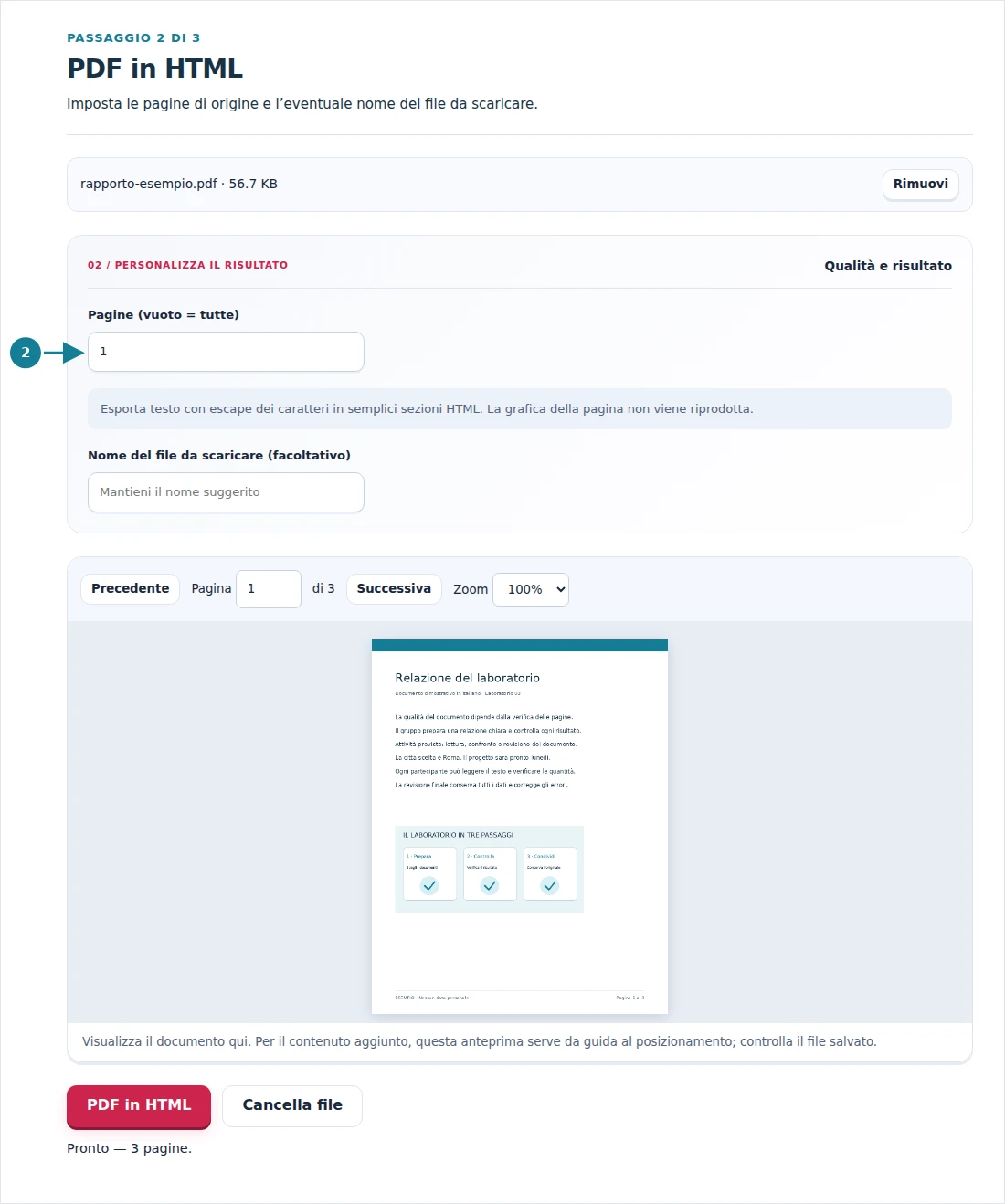 PDF in HTML, passaggio 2: Imposta le pagine di origine e l’eventuale nome del file da scaricare.