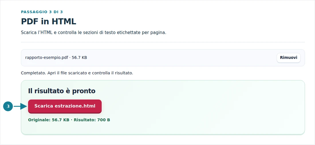 PDF in HTML, passaggio 3: Scarica l’HTML e controlla le sezioni di testo etichettate per pagina.