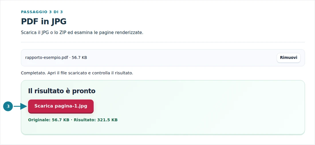 PDF in JPG, passaggio 3: Scarica il JPG o lo ZIP ed esamina le pagine renderizzate.