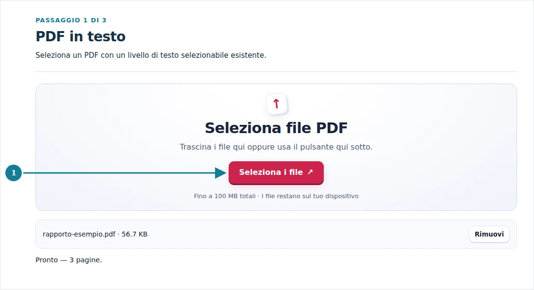 PDF in testo, passaggio 1: Seleziona un PDF con un livello di testo selezionabile esistente.