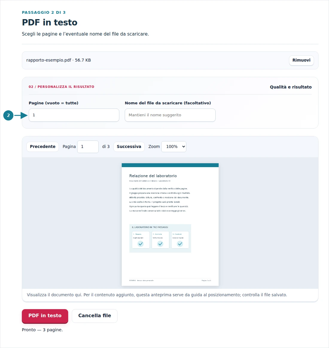 PDF in testo, passaggio 2: Scegli le pagine e l’eventuale nome del file da scaricare.
