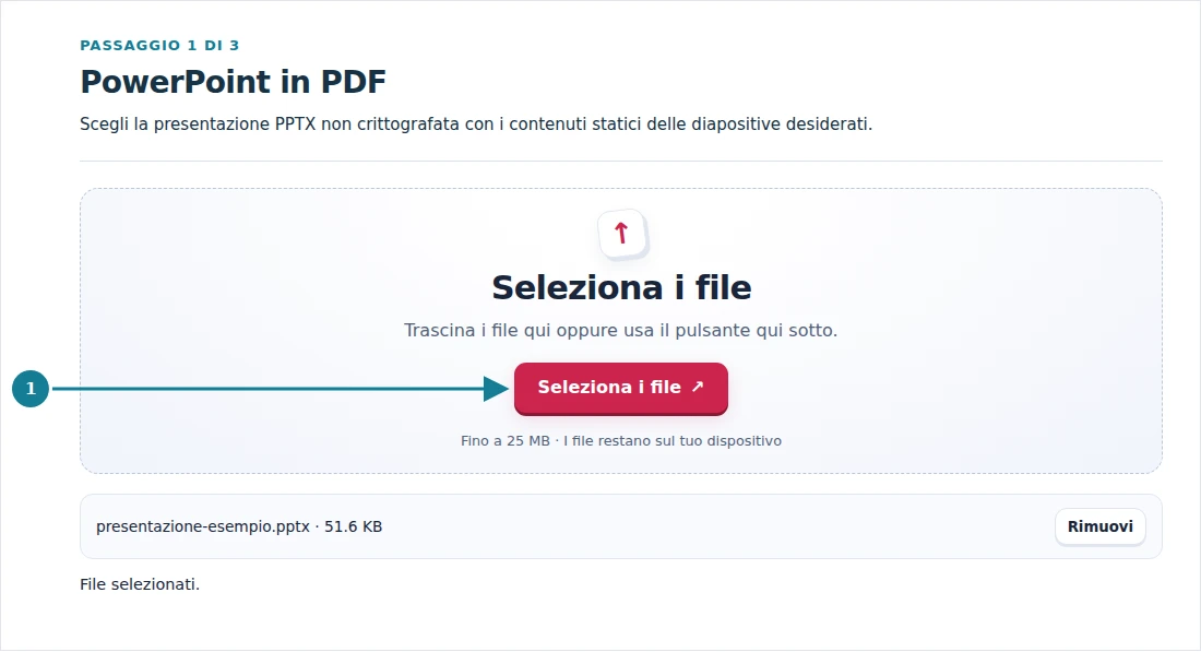 PowerPoint in PDF, passaggio 1: Scegli la presentazione PPTX non crittografata con i contenuti statici delle diapositive desiderati.