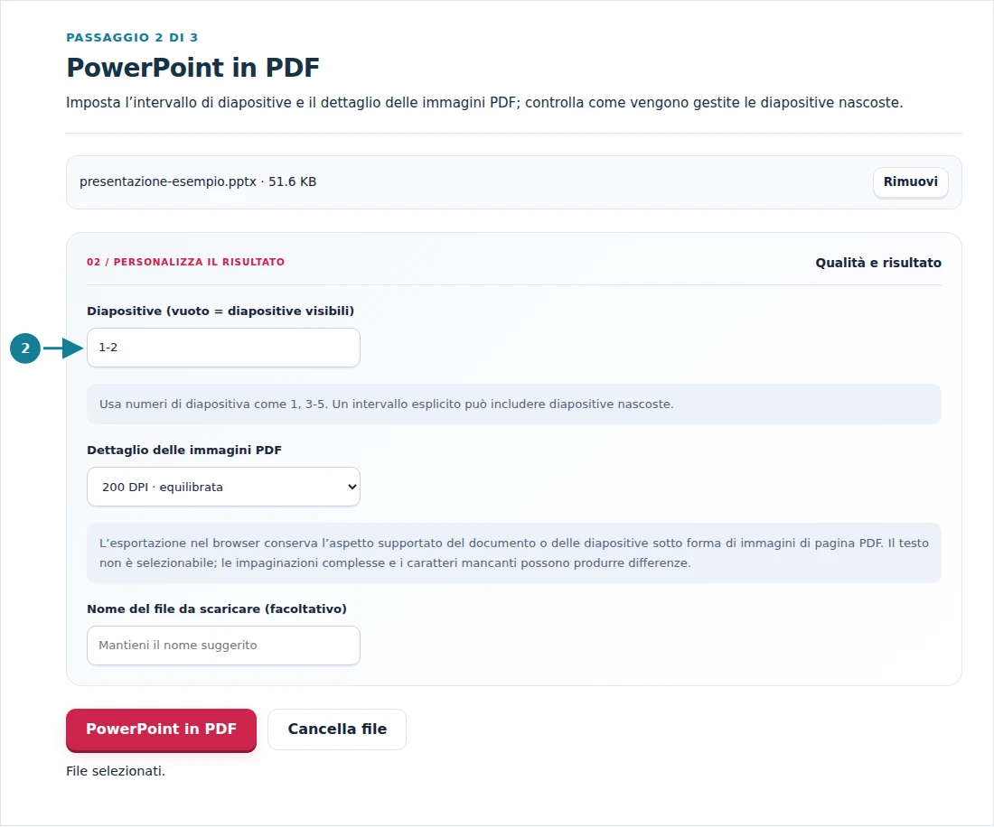 PowerPoint in PDF, passaggio 2: Imposta l’intervallo di diapositive e il dettaglio delle immagini PDF; controlla come vengono gestite le diapositive nascoste.